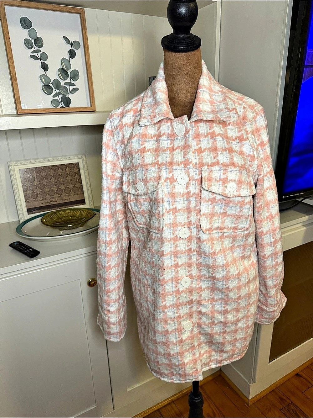 Tribal Jeans Penny Plaid Shacket Pink & White Small